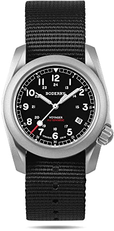 BODERRY Men's Titanium Automatic Field Watch - 40mm Military Watch, Day-Date Function, 100M Waterproof, Nylon Strap, Japanese Mechanical Movement & Screw Down Crown-Voyager