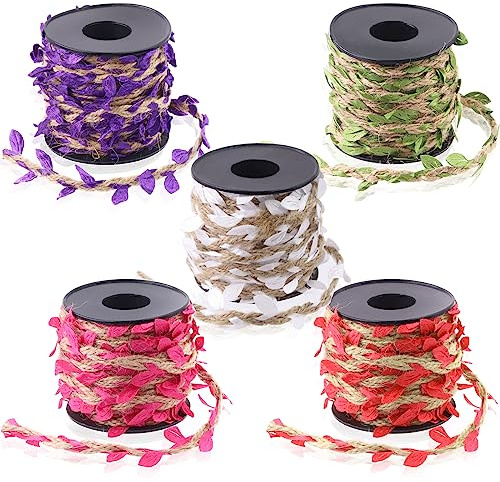 Swpeet Juego de 5 rollos de cinta de hojas de arpillera de 5 colores, 5 mm, 33 pies, cordel de yute natural con hojas de vid artificiales, cinta para decoración de bodas, hogar, jardín, selva, fiesta