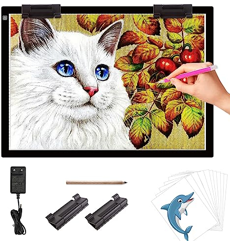 elice A2 LED Leuchttisch mit 12V 2A-Adapter und 2 Multifunktionsclips,7mm ultradünnes Leuchtplatte,3 Helligkeitsstufen,große Leuchtplatte für Diamond painting,Zeichnen, Skizzierung Designen,Animation