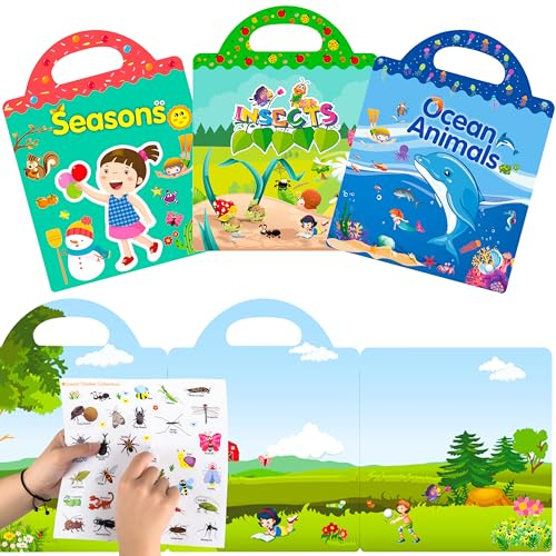 Rayong Wiederverwendbare Sticker Kinder 3er Pack Stickerbuch für Kinder Spaß Stickerbücher Stickerheft Wiederverwendbar für Kindergeburtstag Gastgeschenke