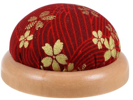 QUARKZMAN Nadelkissen mit Holzsockel im japanischen Stil, rund, dunkelrot