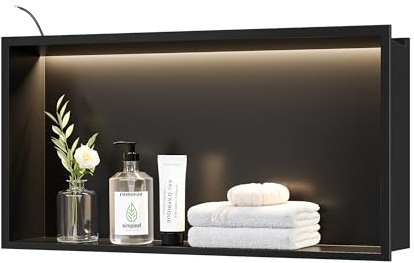Neohomee Mensola da Doccia a Parete in Acciaio Inox con Luce LED, Mensola Doccia Incassata Nera, Mensola Singola per Stoccaggio da Bagno, 60 x 30 cm