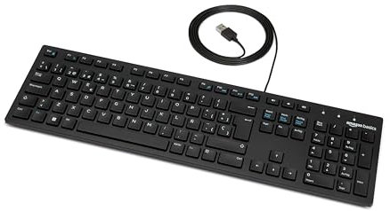Amazon Basics Teclado con Cable USB y Base Fina, diseño español, Negro Mate