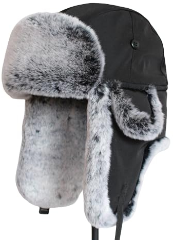bomhys Russische Mütze Winter-Bombermütze Für Herren, Kunstpelz, Russische Mütze, Uschanka, Damen, Dicke, Warme Trappermütze Mit Ohrenklappen, Schwarz Weiß, Über 60 cm