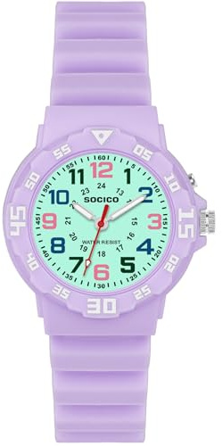SOCICO Kids Analog Watch with Light for Boys Girls Waterproof Time Teaching Watches with Soft Band Learning Time Wrist Watch Easy to Read for Children Great Gifts (Purple)