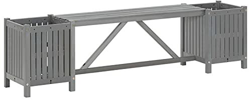 Iiaky Gartenbank Sitzbank Outdoor Parkbank Bank Balkon Gartenbank Sitzbank GartenbäNke mit 2 Pflanzkübeln 150 cm Massivholz Akazie Grau