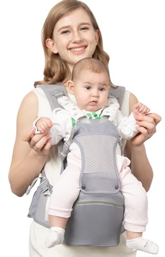 Porte-bébé ergonomique 6 en 1 avec siège hanche pour nouveau-né à tout-petit, pour bébé de 0 à 36 mois, toutes les positions, en maille douce et respirante, avec tabouret de taille, porte-bébé, gris