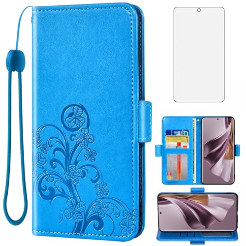 Asuwish Compatible with OPPO Reno 10 5G Wallet Case and Tempered Glass Screen Protector Flip Purse Accessories Soft Wrist Strap Credit Card Holder Stand Cell Phone Cover for Reno8 Women Men Blue