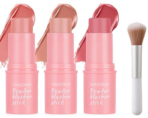 3 in 1 Cream Blush, Multi-Use Blush Stick for Cheeks Lips Eyes, Moisturize and Blendable Blusher Contour Stick with Makeup Brush, Long Lasting Waterproof Lightweight Cream Blusher for Nature Look
