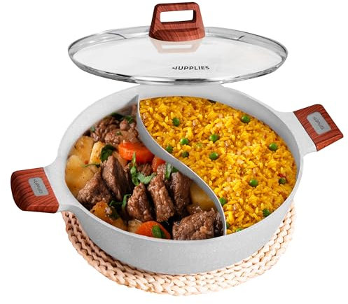 JUPPLIES - Cacerola de Cocina 18 cm con Separador para Doble Cocinado - Sarten de Aluminio Fundido y Antiadherente con Tapa de Cristal - Para Todo Tipo de Cocinas - Inducción y Vitroceramica