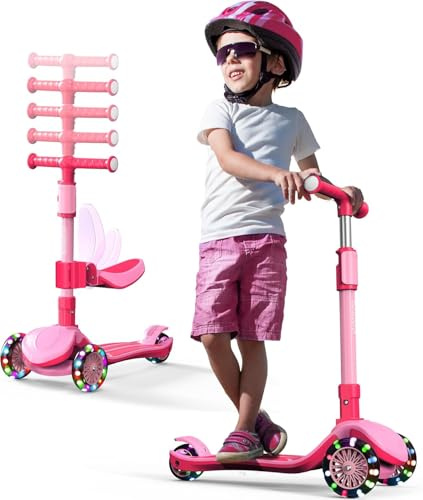 2-in-1 Verstellbarer Kinderroller, 3–12 Jahre, 5-stufiger Lenker, Abnehmbarer Sitz, LED-Räder, faltbar, Pink (Mädchen & Jungen) Schwarz
