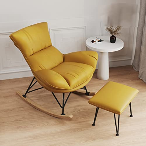 ZXFDMSWJ Bequemer Liegestuhl, Schaukelstuhl, gepolsterter Liegestuhl, Wohnzimmersofa, Sessel mit Fußschemel, moderner entspannender Lounge-Schaukelstuhl, Beistellstuhl mit Holzsockel (Farbe: Gelb)