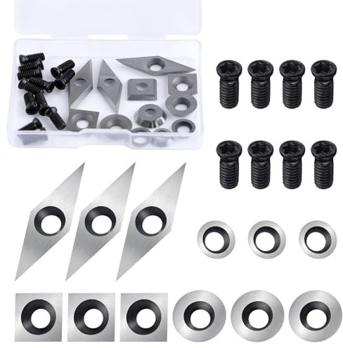 SPEEDWOX 12 Pieces Tungsten Carbide Cutters Inserts Set for Wood Lathe Turning Tools Include 11mm Square with Radius,12mm and 8.9mm Round,31mm 10mm Diamond with Sharp Point, 12 Pieces Screws