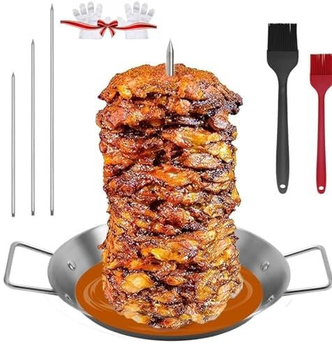 Poêle gyroscopique avec brochette – Broche verticale en acier inoxydable 304 pour four, comprend 3 pointes amovibles et brosses pour tacos Al Pastor, Shawarma, kebabs, plats de barbecue