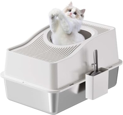 Aptliton Stainless Steel Cat Litter Box Enclosed, Large Stainless Steel Cat Litter Tray with Lid/Scoop, Extra 15 Deep Covered Toilet for Kitten, Odour-Resistant, Easy to Clean(White)