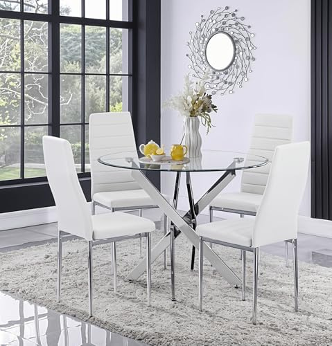 UNICORN FURNITURE Ravello 100cm Round Glass Dining Table Set with 4 Chairs – Modern 4 Seater Kitchen & Dining Room Table and Chairs – Chrome Legs & Tempered Glass Top (White)