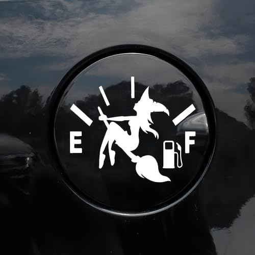 Hexen Tankdeckel Aufkleber für Autos - Magische Hexe auf Besen mit E/F Benzinsymbol - Wetterfester Vinyl-Sticker - Cooles Halloween Design (10x12cm, 2er-Set)
