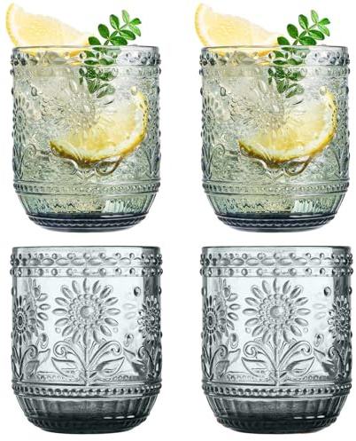 Duscdesp 4 Stück Trinkgläser Set Bunt,360ML Weingläser mit Geprägtem Design Schnapsgläser Bunte Wassergläser Spülmaschinenfest, Camping Tassen für Saftgläser, Kaffeebecher(360ml Sonnenblume)