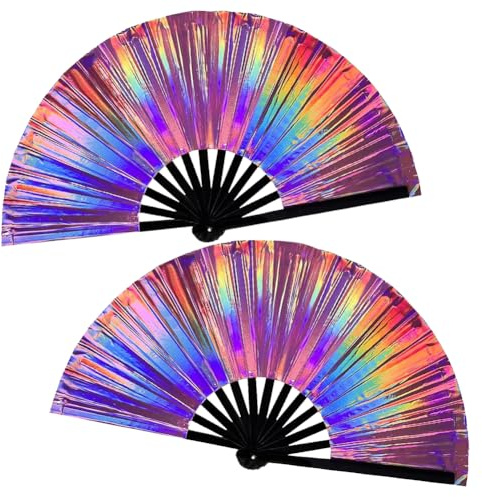 VOHESEA 2 Stück Große Faltbare Rave Handfächer, Holographische Laser-Farben, Klack-Handfächer, Iridescent Fan, Holografischer Rave-Fan für Festivals, Disco Partys, Heimdekoration, Tanz Zubehör