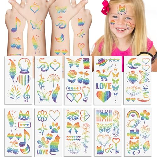 MLPKOI 10 Feuilles Paillettes Arc-En-Ciel Tatouages Temporaires Tatouages Temporaires, Tatouage Enfantt, tTatouage Éphémère, Tatouage Temporaire Enfant, Cadeau Anniversaire pour Enfant Garçon Fille