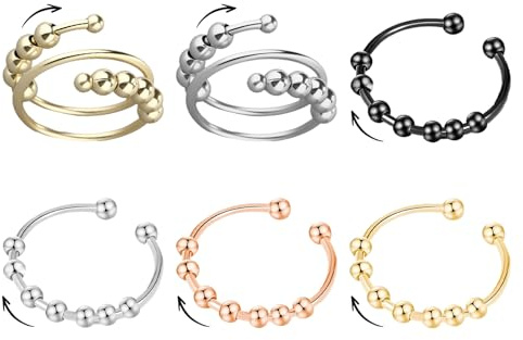 Landrain 6 Stück Anxiety Ring, Anti Stress Ring Gold, Skills Ringe