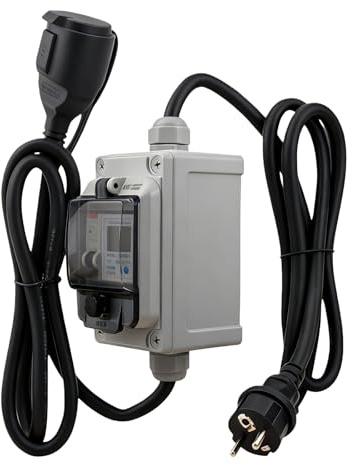 Compteur électrique numérique mobile 230 V 16 A IP67 étanche pour l'extérieur avec disjoncteur FI, compteur intermédiaire de courant avec prise et coupleur pour camping-cars, véhicules électriques