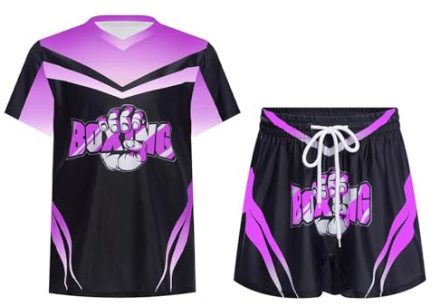 Oyolan Barn pojke boxningsshorts och T-shirt boxningsset Muay Thai MMA kickboxning 5–16 år, B lila, 11-12 år