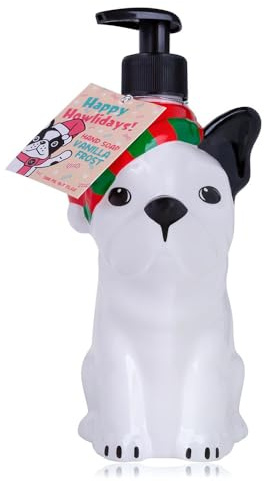 Seifenspender Bulldogge HAPPY HOWLIDAYS - Flüssigseife im Pumpspender, Duft Vanilla Frost, Seife Winter, Handseife Weihnachten, Wichtelgeschenk