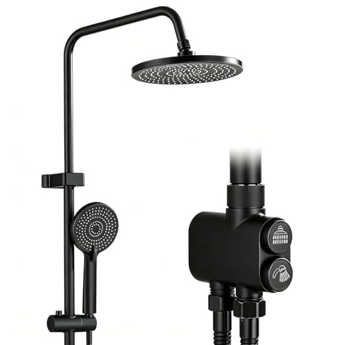 Rozin Shower Riser Rail Kit Black 10 Round Rainfall Shower Head and 3 Jet Types Handheld Shower and Hose Set Without Tap Height Adjustable Shower Set