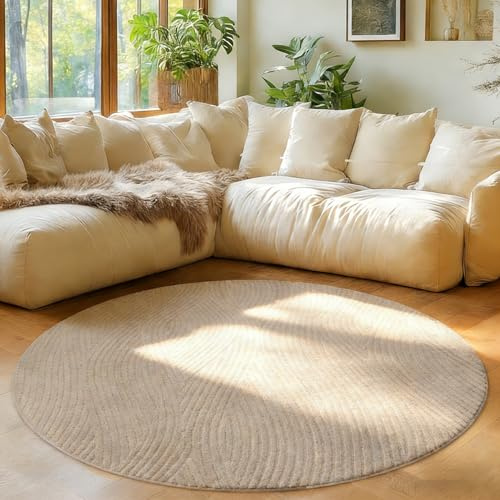 Edlbaegy Teppich Rund Beige 160cm Moderner Runder Teppich Wohnzimmer Schlafzimmer Flauschig Wohnzimmerteppich rutschfest für Esszimmer Kinderzimmer