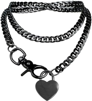 FOSLXIN Thick Chain Heart Necklace, Punk Chain Choker Heart-Ring Pendant Necklace, Multi-Layered Cuban Chain Y-Shaped Necklace Jewelry for Women Men (Black lock)