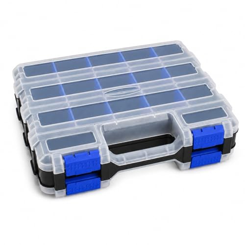 GOOGO Caja organizadora de tornillos de doble cara, 34 compartimentos con separadores ajustables y asa, organizador de herramientas para taller, manualidades y hogar (Azul)