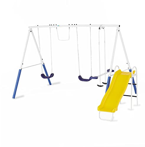 XDP Recreation Blue Ridge Backyard Playground Set Sturdy Metal A Frame Swing with Chain Covers, Glider, Trapeze, 2 Swings, and Slide, Multicolor