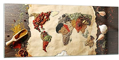 ARTTOR Glasbild 100x40cm Wandbild Glasdruck Küche Weltkarte - 2832 | Welt Karte Gewürze Panorama Groß Modern Dekoration Wohnzimmer Schlafzimmer Küche Wanddeko Kunstdruck Art Wall Decor ARTTOR
