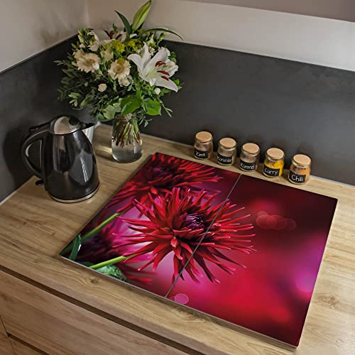 banjado Ceranfeld Abdeckung Glas 2-teilig 60x52 cm, Herdabdeckplatten und Schneidebrett Küche aus gehärtetem Glas, dekorativer Küchen Spritzschutz Blumen & Pflanzen mit Motiv Rote Dahlien