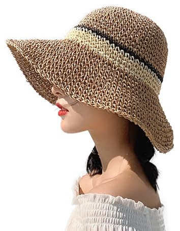 WITERY Trendy Women's Sun Hat Summer Straw Cap for Women Adjustable Summer Panama Fedora Wide Brim UPF 50+ Foldable Straw Beach Hat for Walking Fishing Travelling