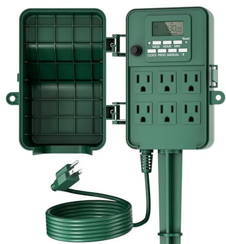 BN-LINK Outdoor Power Stake, 7-Day Programmable Digital Timer, 6 Outlets, 6FT Extension Cord, Waterproof Perfect for Christmas, Halloween, Garden Decorations, ETL Listed