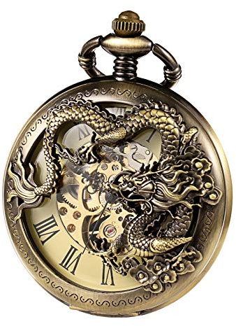 TREEWETO Taschenuhr mit Kette Herren Analog Mechanisch Handaufzug Doppelscharnier Antik Drache Römische Ziffern