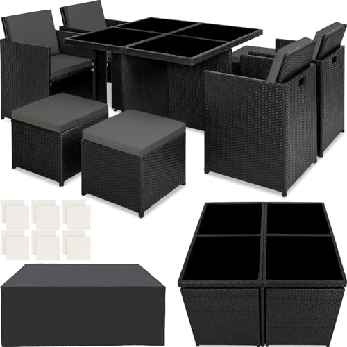 tectake® Set di Mobili da Giardino, Arredo Giardino, Resistente Rattan Sintetico, Alluminio, Mobili d Arredo, 4Sedie, Tavolo, 4Sgabelli, Involucro Protettivo - Nero