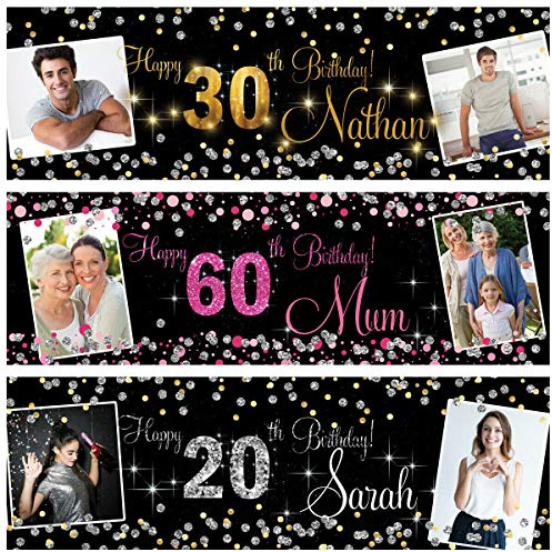 Personalisiertes Banner für den Außenbereich, Foto, Silber, Gold, Rosa, Party, Hochzeit, Poster, Dekoration, 18., 21., 30., 40., 50., 60., 70