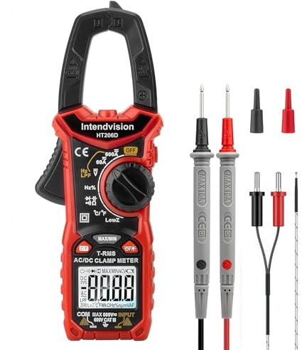 AC/DC Digital Clamp Meter T-RMS 6000 Counts, Multimeter Voltage Tester Auto-ranging, NCV AC DC Current Voltage Resistance Capacitance Frequency Diode Temperature Measure Tester HT206D