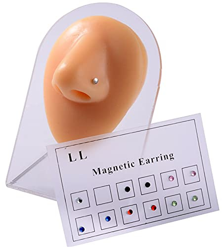 12 Pcs Stainless Steel Magnetic Crystal Fake Ear Stud Earrings Set Colorful 3mm Non Piercing Nose Lip Rings for Women Men Jewelry, 3mm, Stainless Steel, Alloy, Cubic Zirconia, alloy