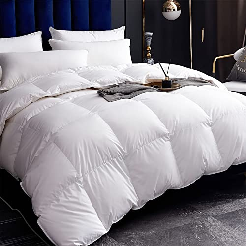 Cobnom® Organic Cotton Down Comforter Queen Size - Fluffy High Fill-Power Down & Feather Fibers Duvet Insert, All-Season Hypoallergenic Hotel-Style Bedding (Ivory White 90x90 Inch)