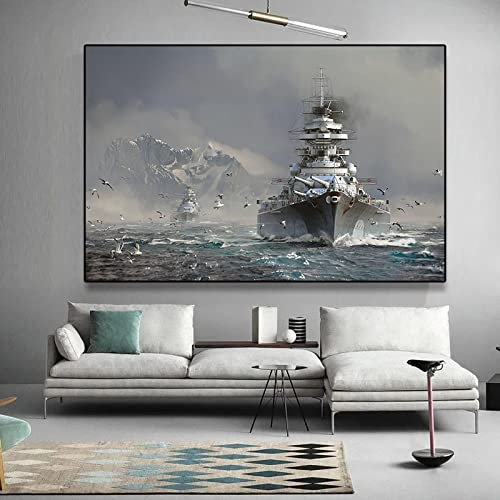TSHAOSHUNHT Bismarck-Klasse Schlachtschiff Leinwand Wandkunst Malerei Schwarzweiß Poster moderne Wohnzimmer Dekoration 30x40cmx1 Innenrahmen