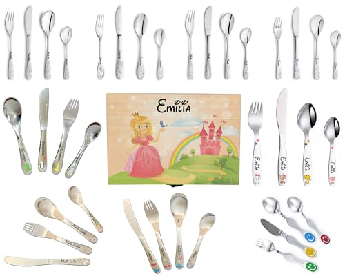 Kinderbesteck Set, 4 teilig, aus Edelstahl | Gravur Name Geburtsdatum, in edler Holz-Box, mit Motiv, Name und Widmung, sehr grosser Motivauswahl, mit echter Lasergravur