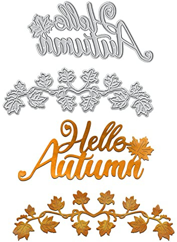 ALIBBON 2Pcs Fall Die Cuts for Card Making and Scrapbooking, Hello Autumn Words Cutting Dies Metal Template Molds, Border Leaves Die Cuts for DIY Photo Album Paper Embossing Card Making Decoration