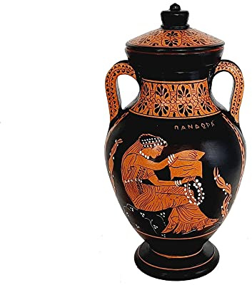 Amphore aus rotfiguriger Keramik mit Deckel, 24 cm, Achilles, Patroklos, Pandora