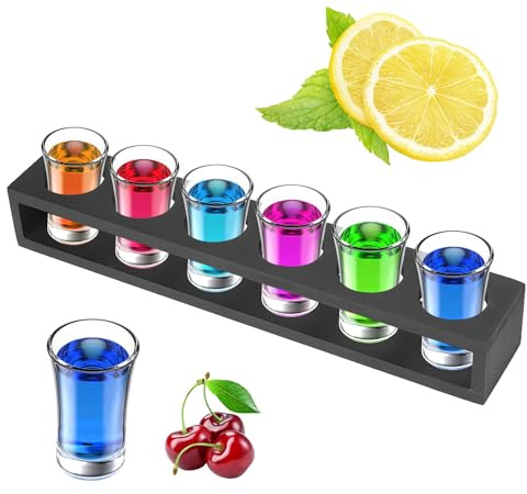 Mini Soporte para Vasos de Chupito, 6 Agujeros Estante de la Copa Shot Bandeja para Chupitos de Madera Negra Portavasos Soporte de Cóctel Organizador de Mesa para Tequila (Straight 6 Holes)