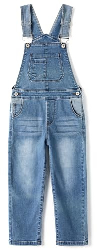 KIDSCOOL SPACE Overol de mezclilla para niñas, cintura elástica dentro del mono de jeans elásticos lavados, azul claro, 12