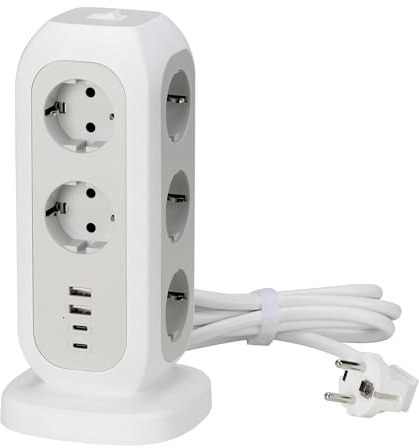 kwmobile Multiprise tour verticale - Bloc alimentation 11 prises AC type F avec 2x port usb-a et 2x port usb-c - Prise multiple avec câble 1,9 m protection foudre et surcharge